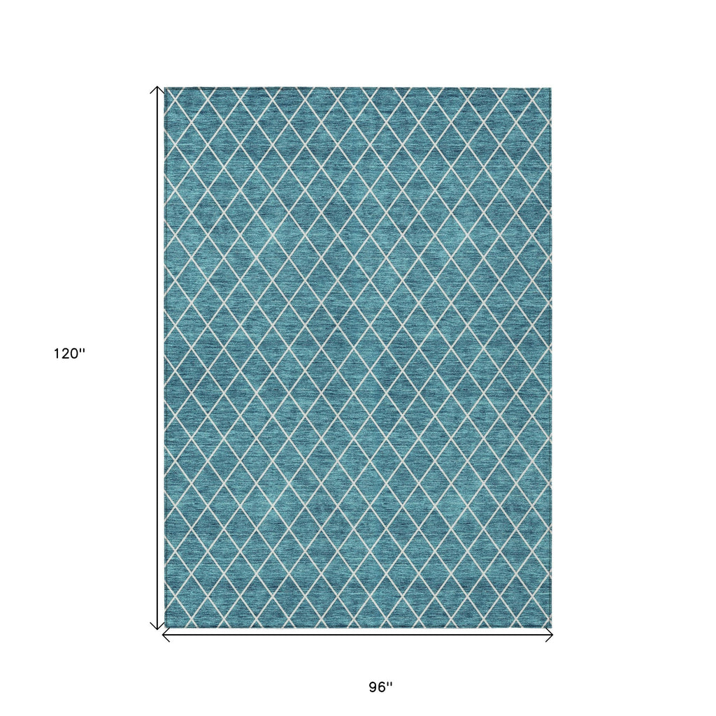 8' X 10' Teal Blue And Ivory Geometric Washable Indoor Outdoor Area Rug-2