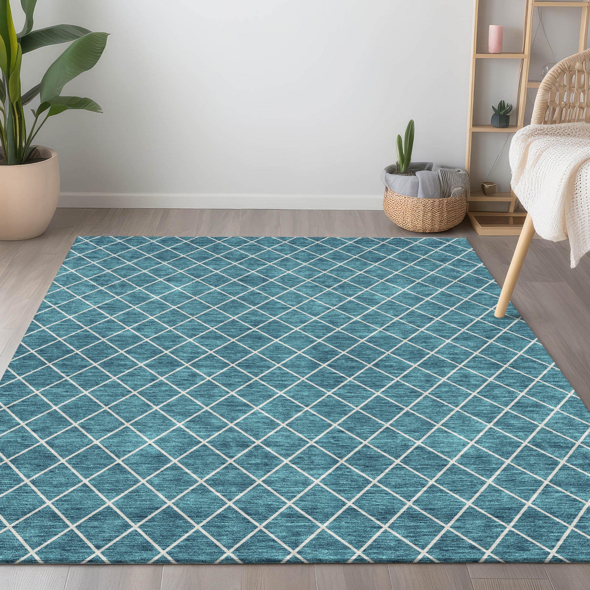 8' X 10' Teal Blue And Ivory Geometric Washable Indoor Outdoor Area Rug-8