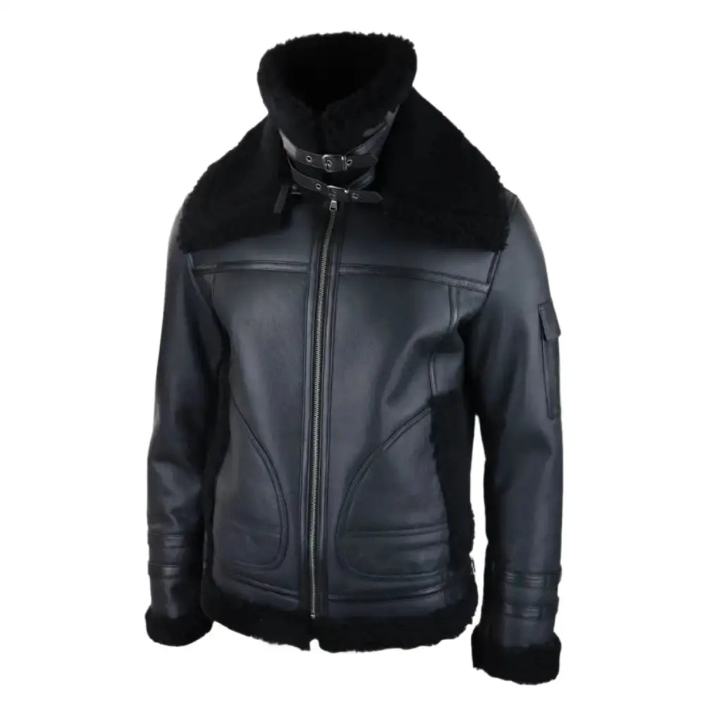 Men’s Black Shearling Sheepskin Zipped Flying Jacket-3