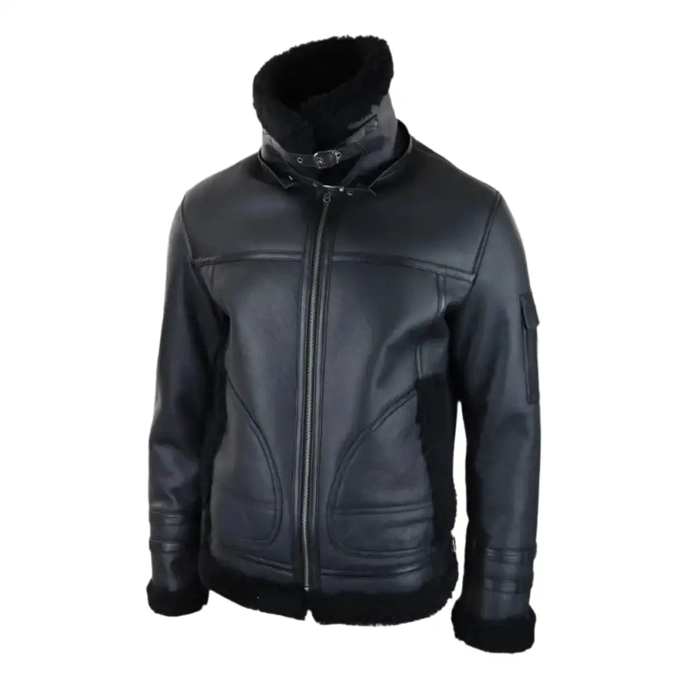 Men’s Black Shearling Sheepskin Zipped Flying Jacket-2