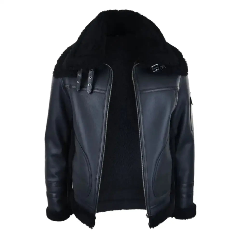 Men’s Black Shearling Sheepskin Zipped Flying Jacket-1