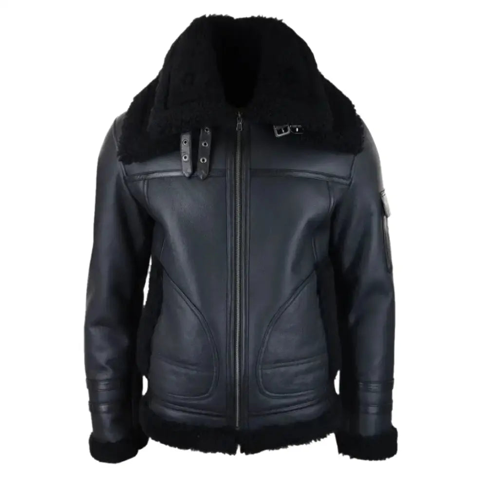 Men’s Black Shearling Sheepskin Zipped Flying Jacket-0