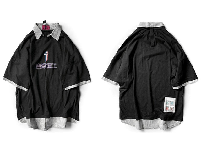 Letter Print Fake Two T Shirt Men Hip Hop Summer Casual Loose Short Sleeve Patchwork Techwear Tshirt Topsni-5