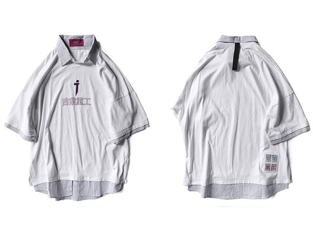 Letter Print Fake Two T Shirt Men Hip Hop Summer Casual Loose Short Sleeve Patchwork Techwear Tshirt Topsni-2
