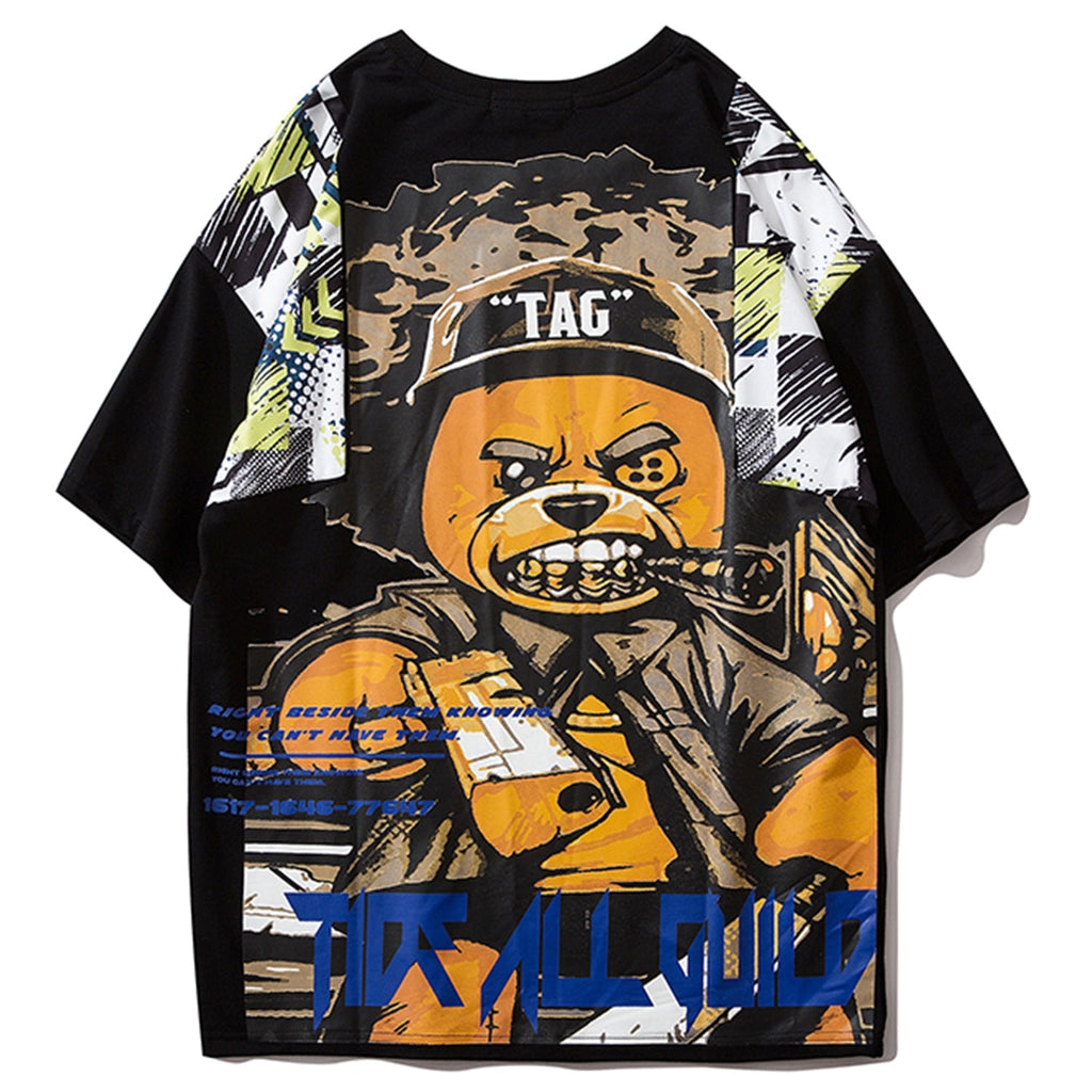 Hip Hop T Shirt Men Harajuku Streetwear Ferocious Bear Print Patchwork Tops Casual Cotton Short Sleeve Tees-0