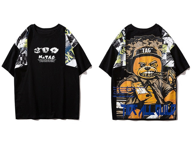 Hip Hop T Shirt Men Harajuku Streetwear Ferocious Bear Print Patchwork Tops Casual Cotton Short Sleeve Tees-5