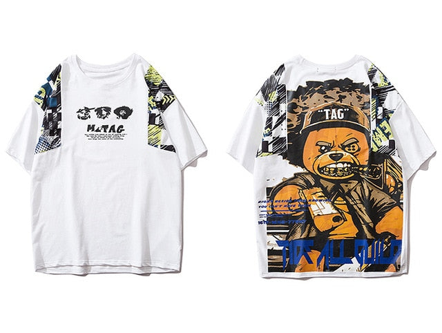 Hip Hop T Shirt Men Harajuku Streetwear Ferocious Bear Print Patchwork Tops Casual Cotton Short Sleeve Tees-6