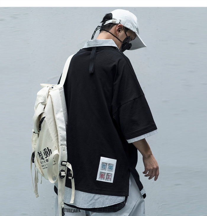 Letter Print Fake Two T Shirt Men Hip Hop Summer Casual Loose Short Sleeve Patchwork Techwear Tshirt Topsni-3