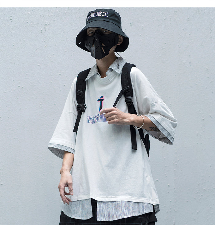 Letter Print Fake Two T Shirt Men Hip Hop Summer Casual Loose Short Sleeve Patchwork Techwear Tshirt Topsni-0