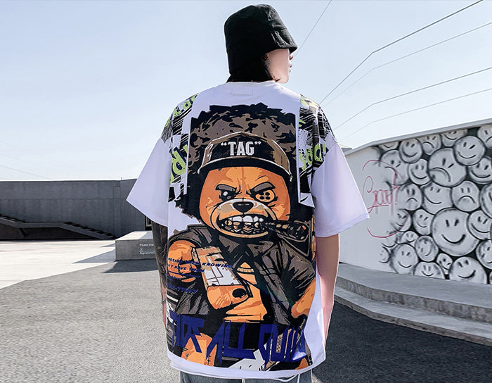 Hip Hop T Shirt Men Harajuku Streetwear Ferocious Bear Print Patchwork Tops Casual Cotton Short Sleeve Tees-2