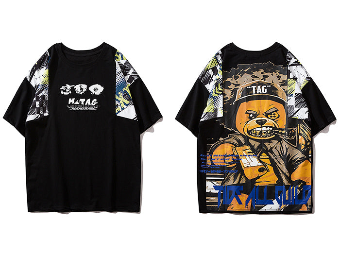 Hip Hop T Shirt Men Harajuku Streetwear Ferocious Bear Print Patchwork Tops Casual Cotton Short Sleeve Tees-1
