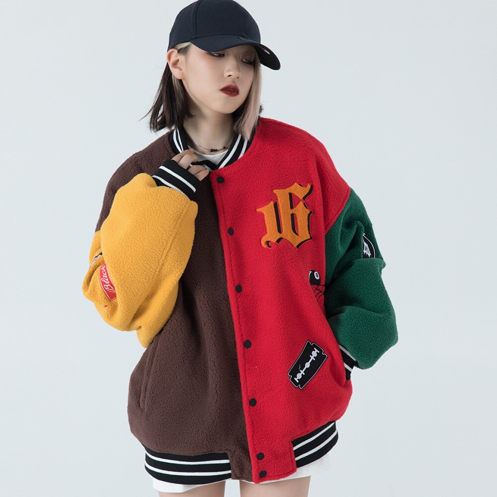 Men's winter jacket Color Block Patchwork Embroidery Thick Warm Baseball Jacket Couple High Street Coat Male Streetwear-2